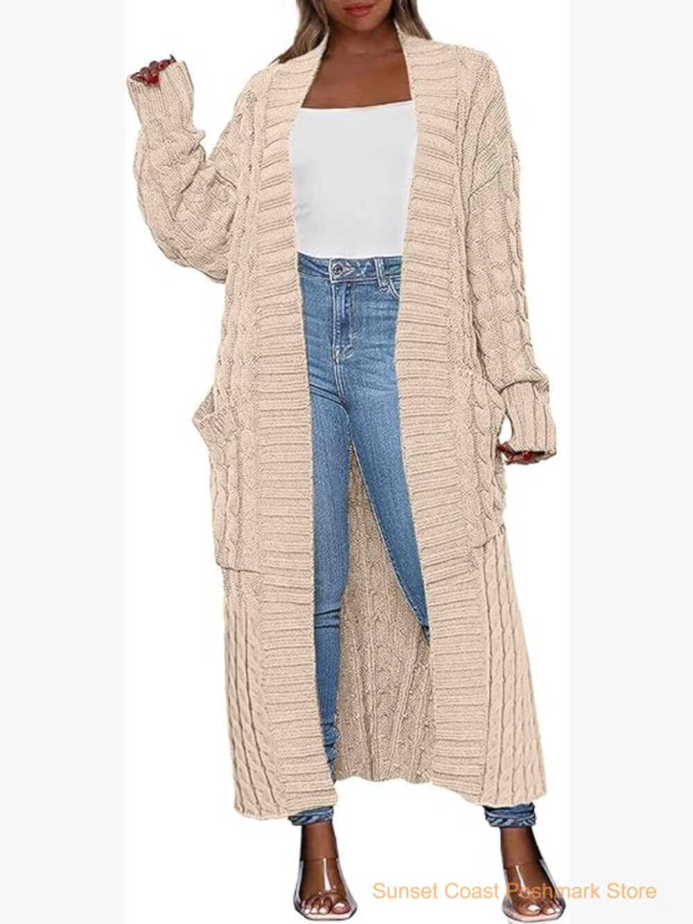 Long Cable Knit Cardigan Open Front Maxi Outerwear Cozy Warm